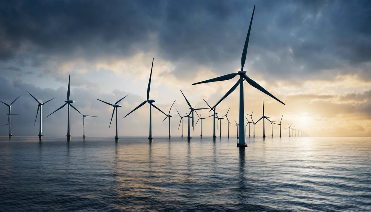 An image depicting a offshore wind farm with turbines producing clean energy.