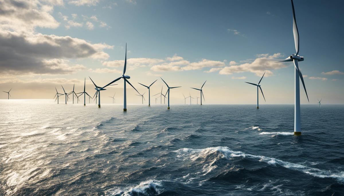 Illustration of offshore wind turbines in the ocean, generating electricity.