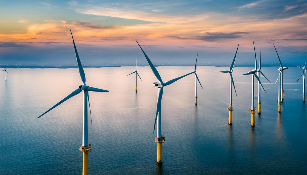 Aerial view of various offshore wind farms, harnessing the power of wind to generate clean energy